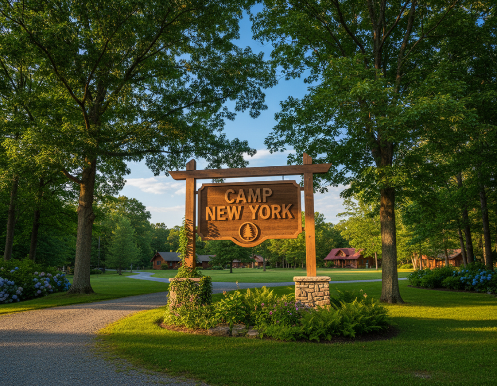 Camp New York welcome sign with beautiful natural surroundings