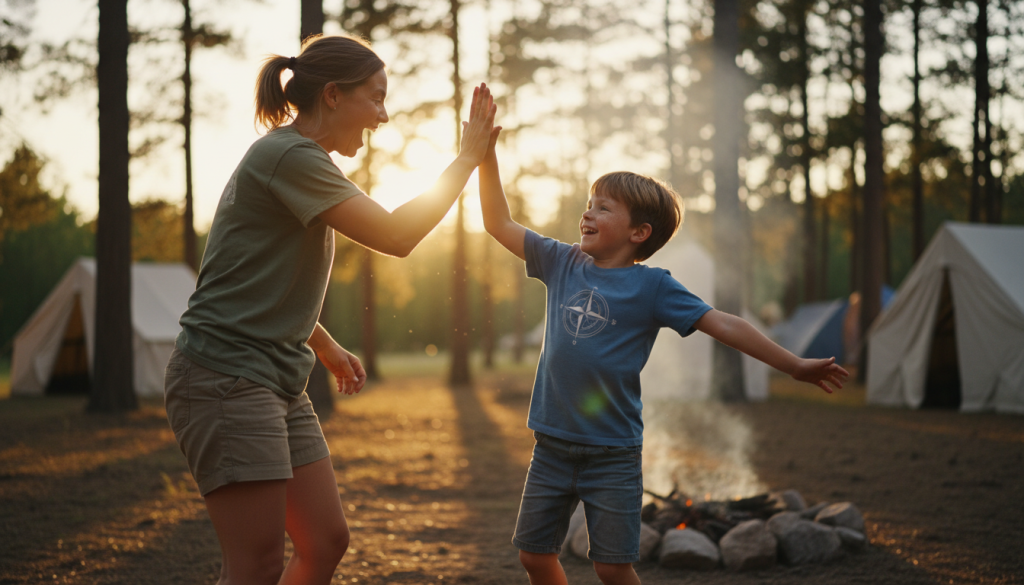 Camp counsellor and camper celebrating achievement together