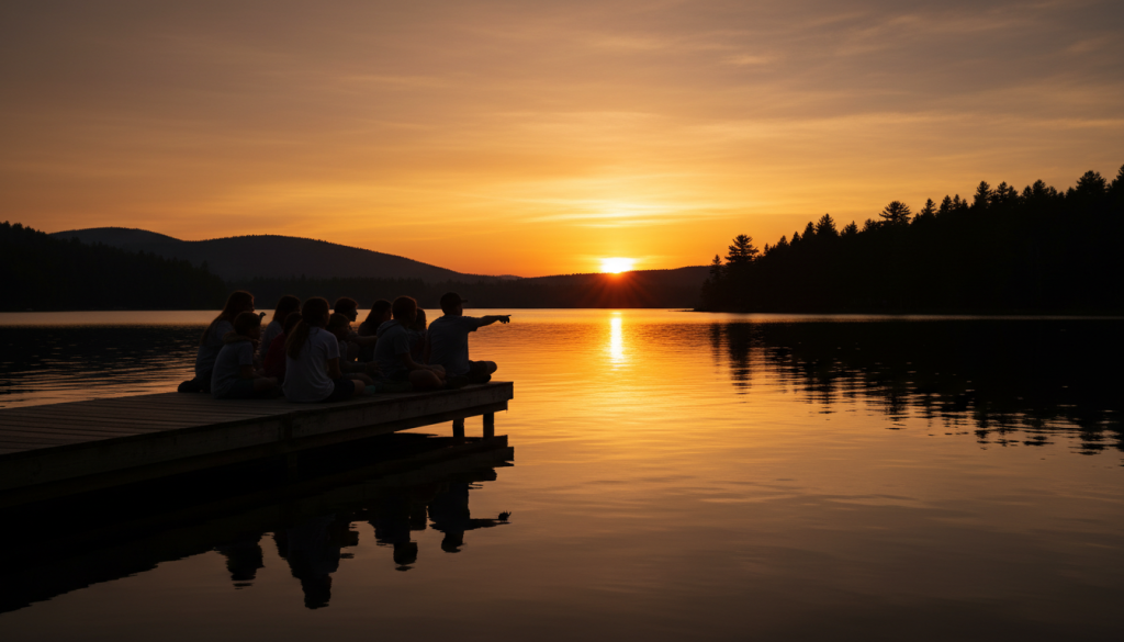 Camp counsellor and campers watching sunset over lake together