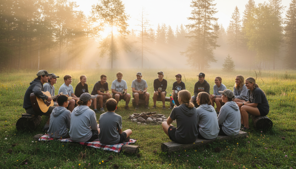 Camp counsellor and children gathered around morning campfire circle