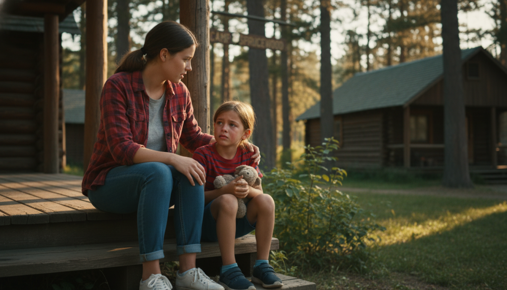 Camp counsellor comforting homesick child at summer camp