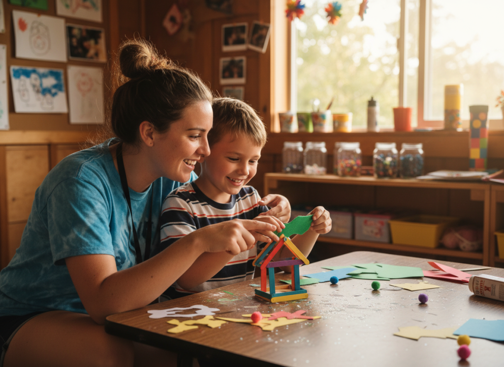 Camp counsellor helping young camper with arts and crafts activity