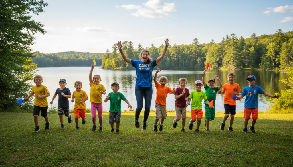 Camp counsellor leading outdoor activities with enthusiastic campers