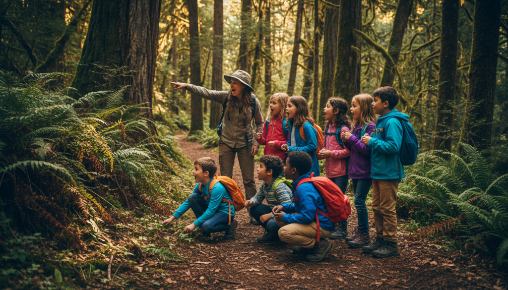 Camp counsellor leading outdoor adventure activity with group of children