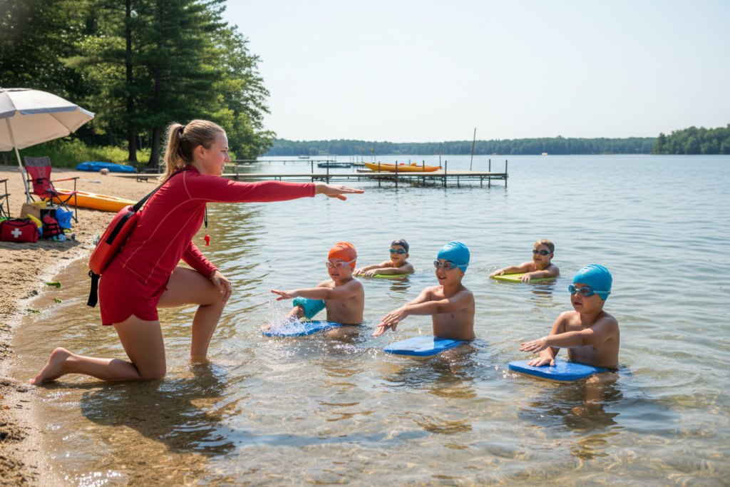 Camp counsellor teaching children swimming techniques at lake