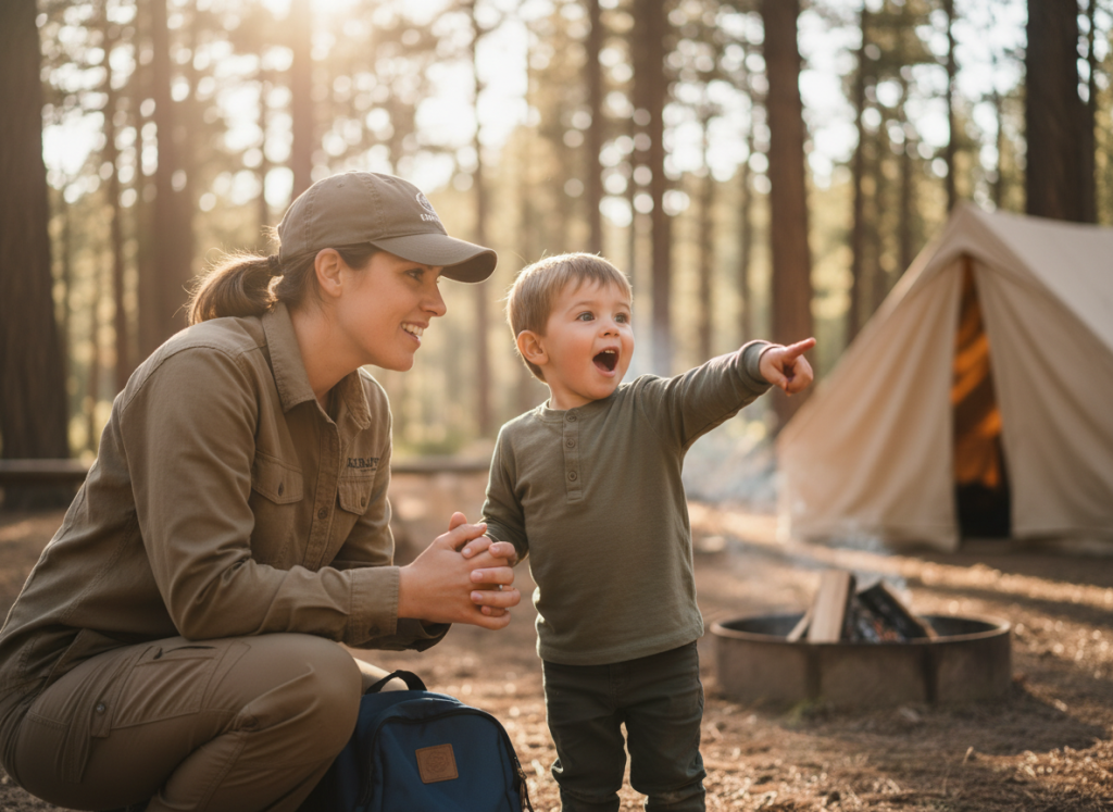 Camp counselor demonstrating patience and communication skills while helping young camper