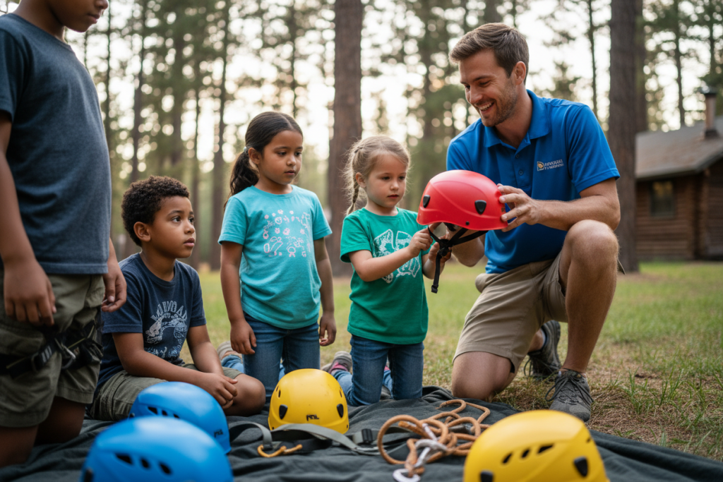 Camp counselor demonstrating proper safety equipment use to attentive group of children