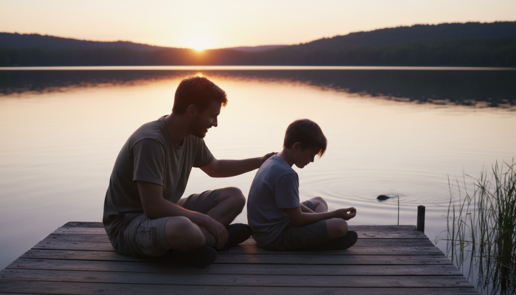Camp counselor having one-on-one conversation with camper by lake at sunset