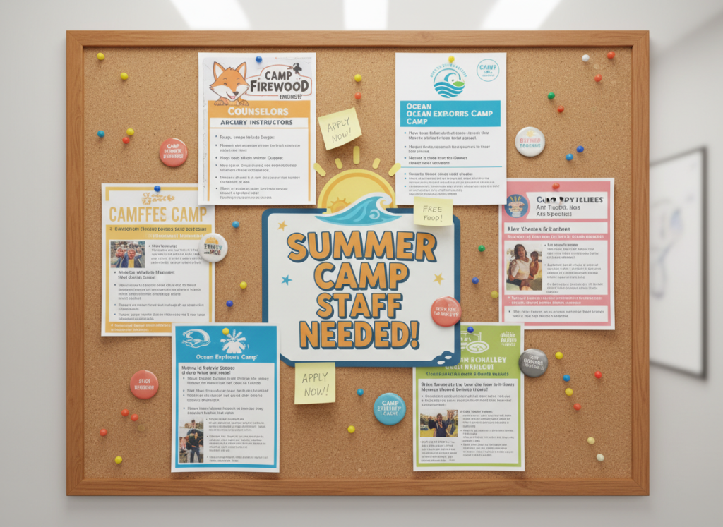 Camp counselor job posting board showing multiple summer camp vacancy positions available
