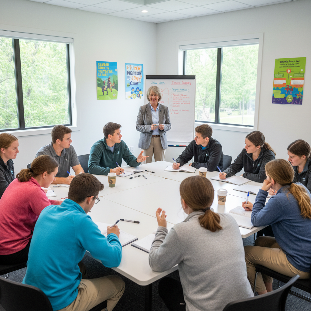 Camp counselors in training session learning group facilitation skills