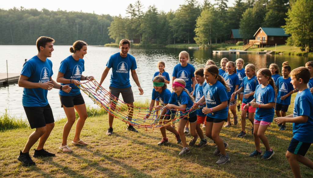 Camp counselors leading outdoor activities with children at a summer camp