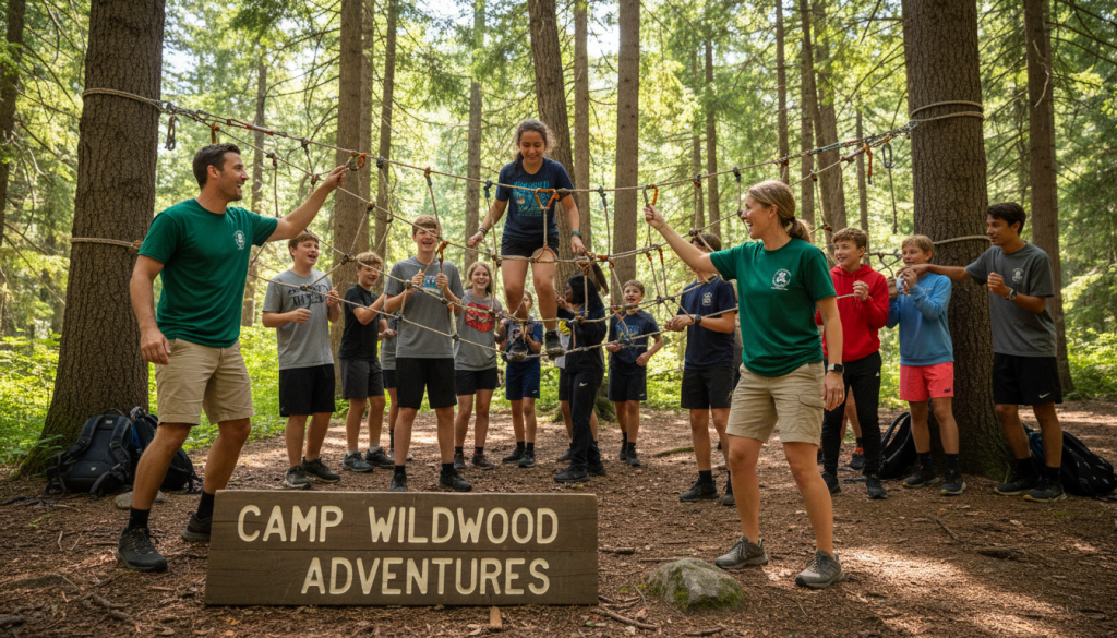 Camp counselors leading outdoor activity with group of diverse young people