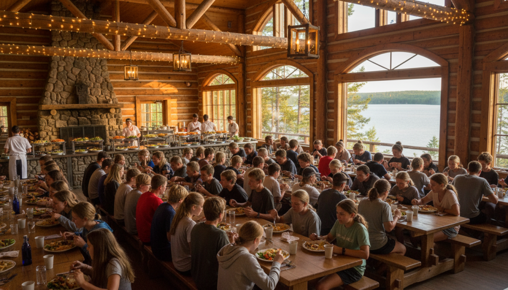 Camp dining hall filled with staff and campers sharing a meal together