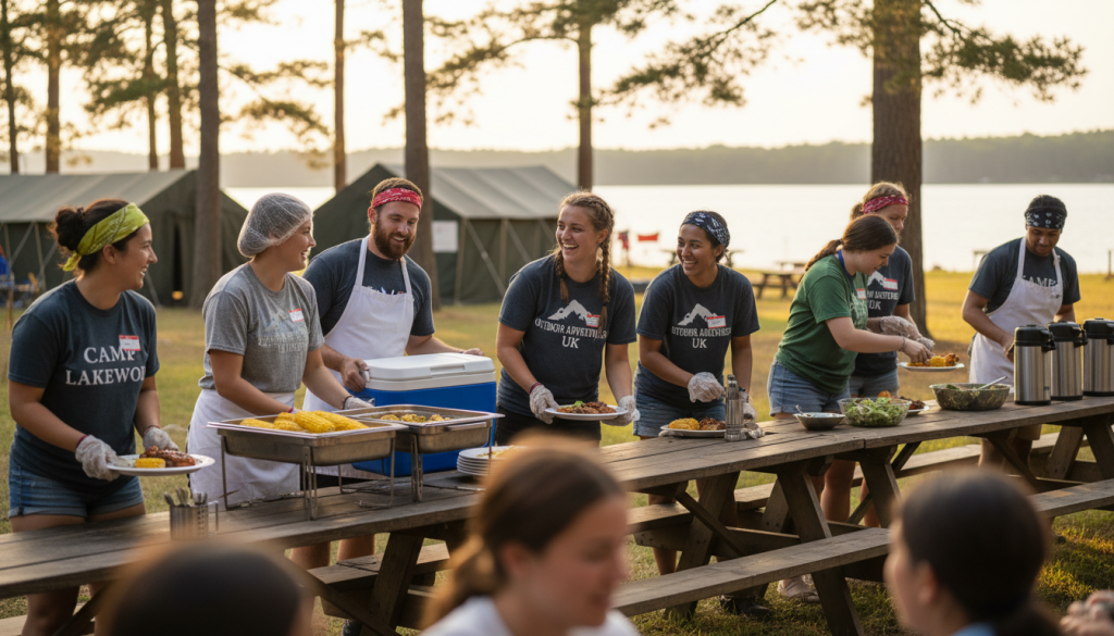 Camp staff members of various roles working together during meal service