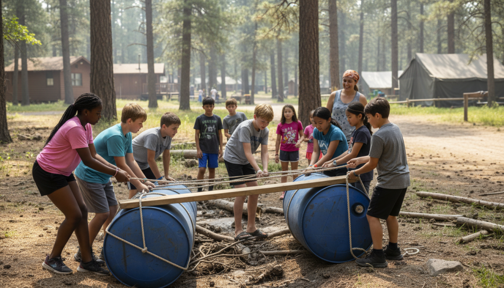 Camp team working together to solve group challenge activity