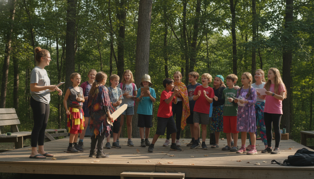 Camp theater group rehearsing on outdoor stage with props and costumes