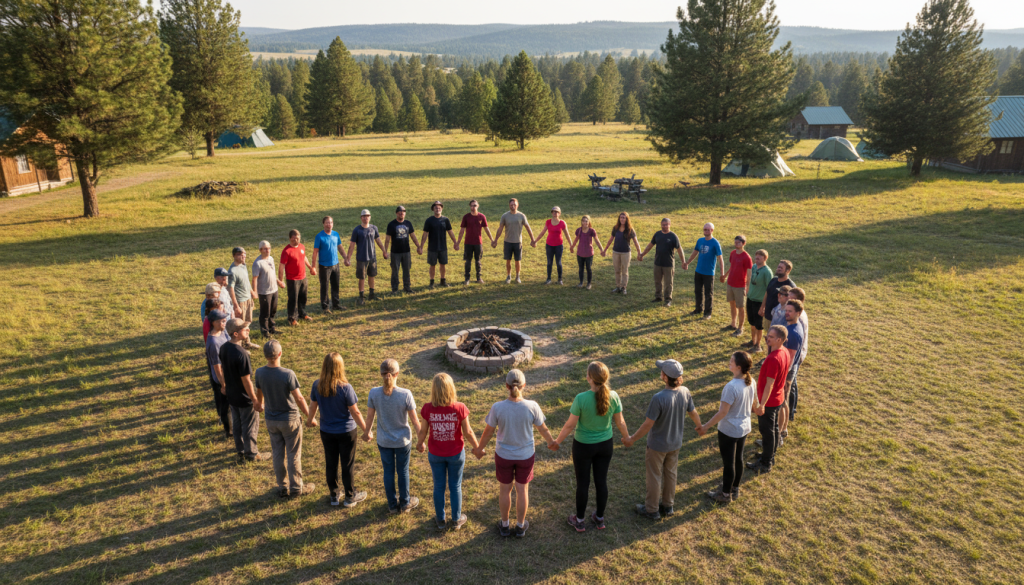 Campers forming circle holding hands showing unity and friendship