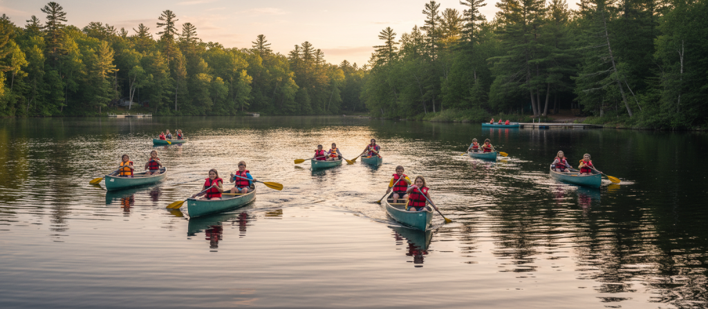 Children paddling canoes on calm lake with counselor supervising from nearby boat