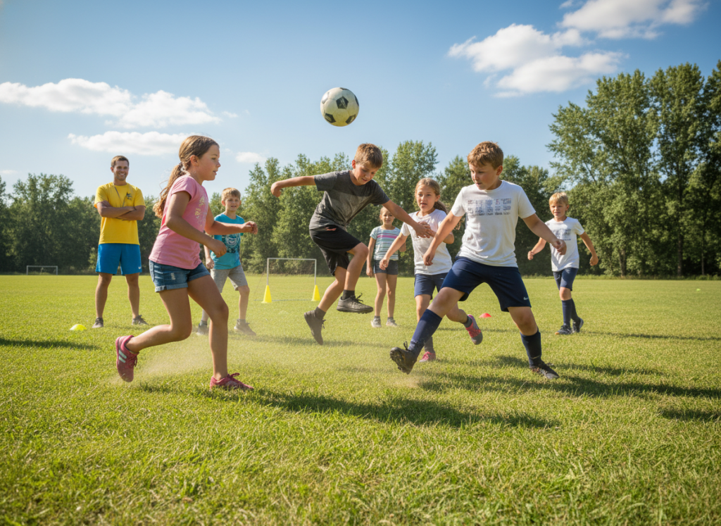 Children playing soccer on outdoor field at summer camp with counselor supervising