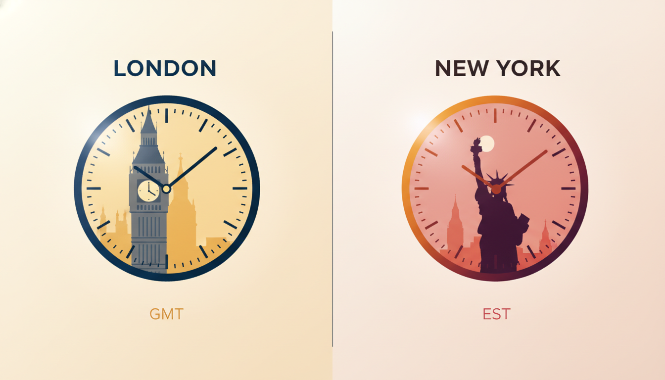Clock faces showing London and New York time zones side by side