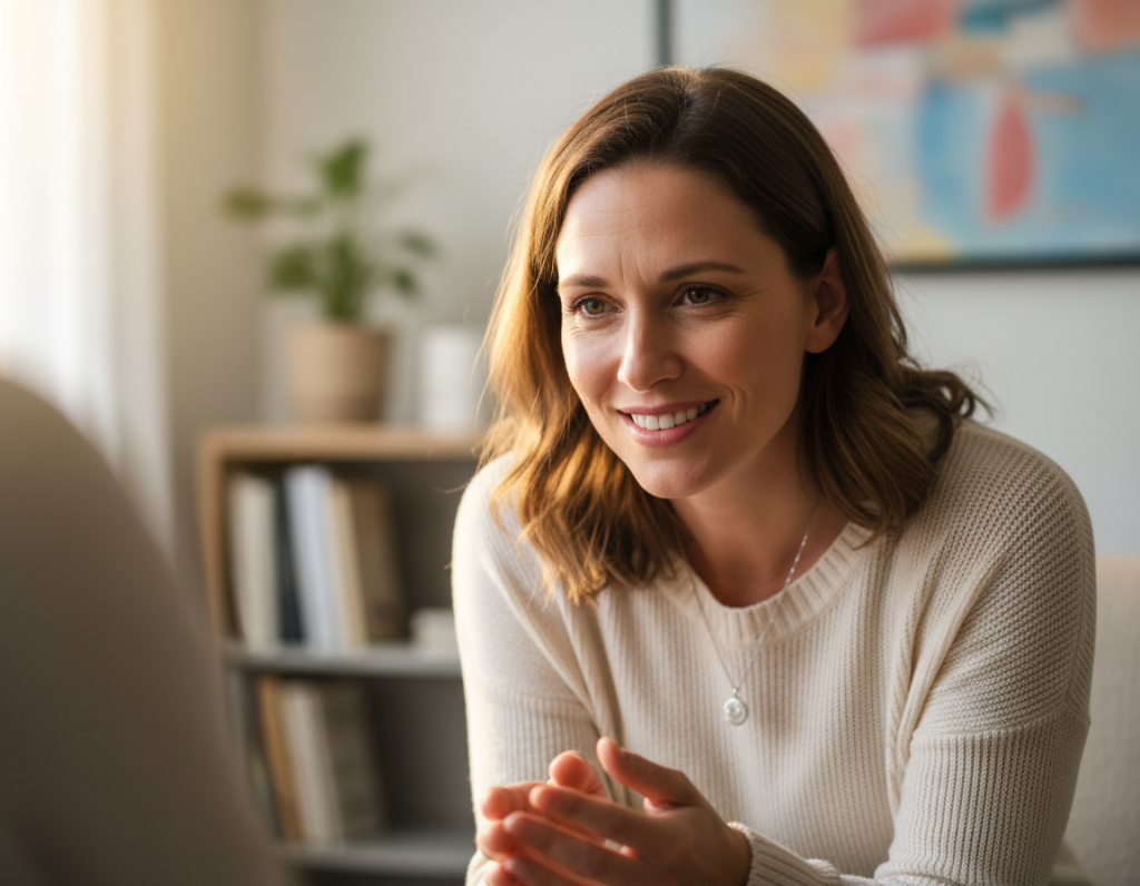 Close-up of counselor actively listening to client with empathetic expression