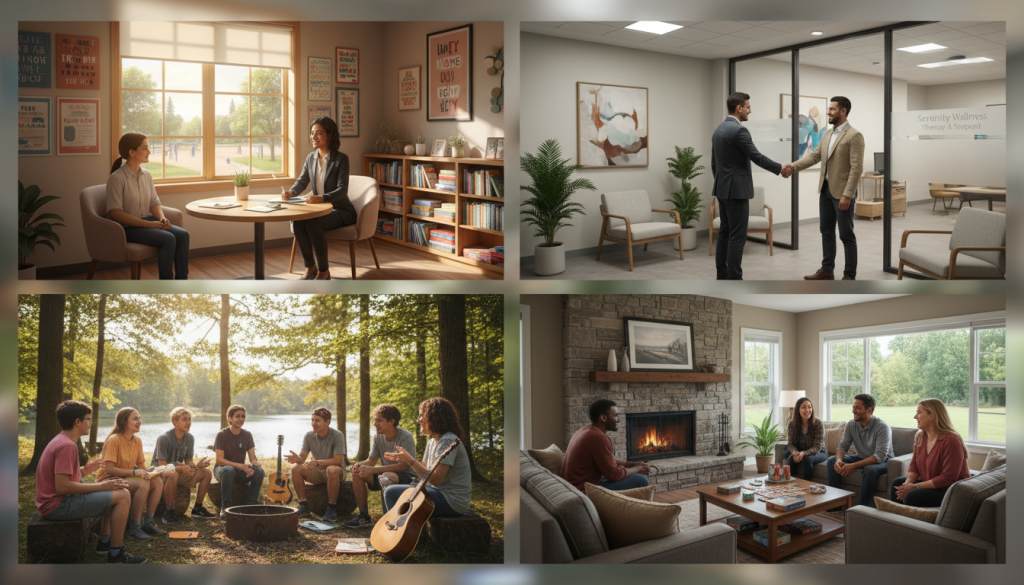 Collage showing different counseling environments including school, clinic, and outdoor camp