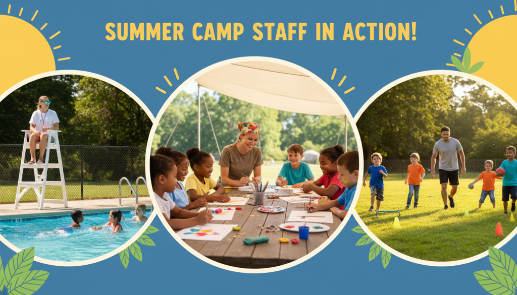 Collage showing different summer camp job roles including lifeguard, activity counselor, and camp counselor positions