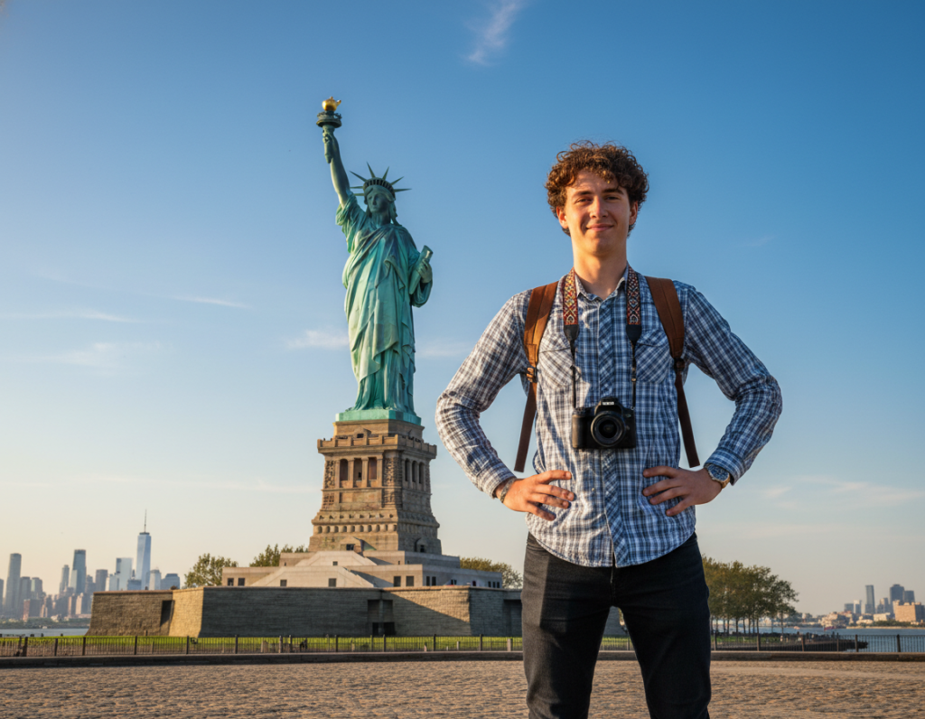 Confident student standing in front of American landmark