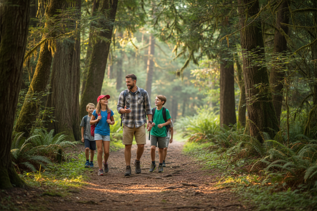 Counselor and small group of campers hiking together on forest trail