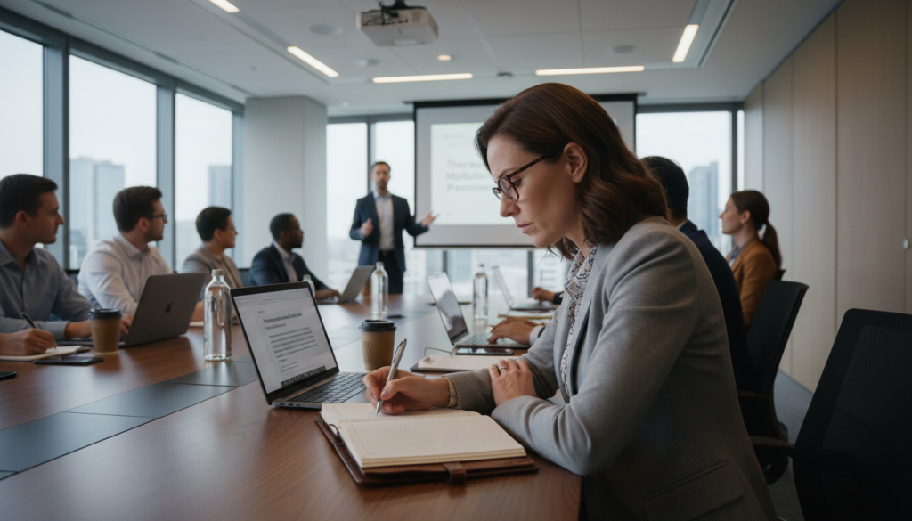 Counselor attending professional development workshop taking notes