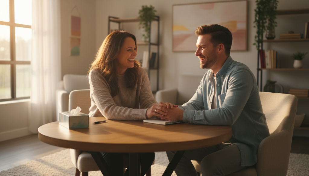 Counselor celebrating success with client in supportive moment