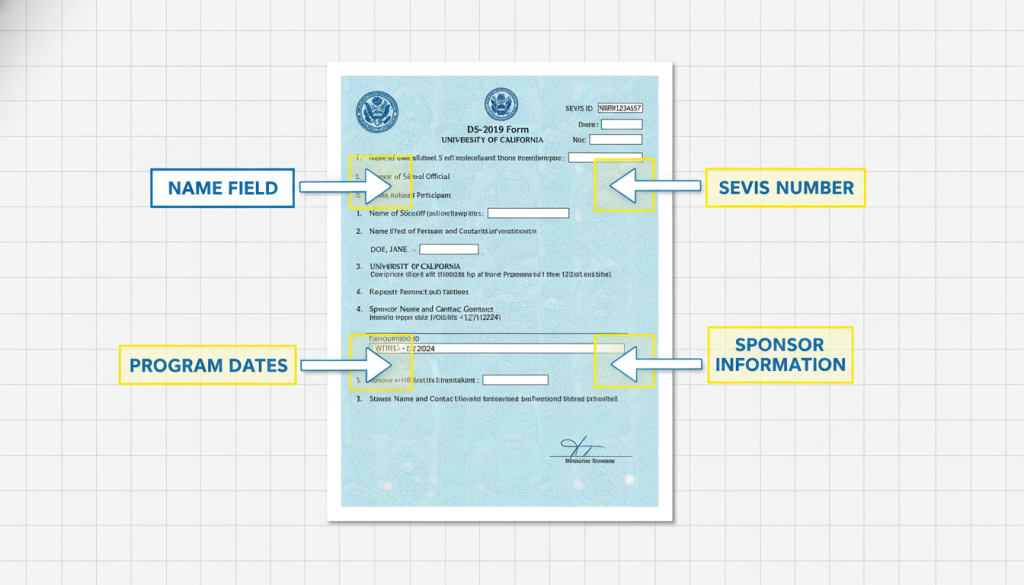 DS-2019 form sections laid out with annotations