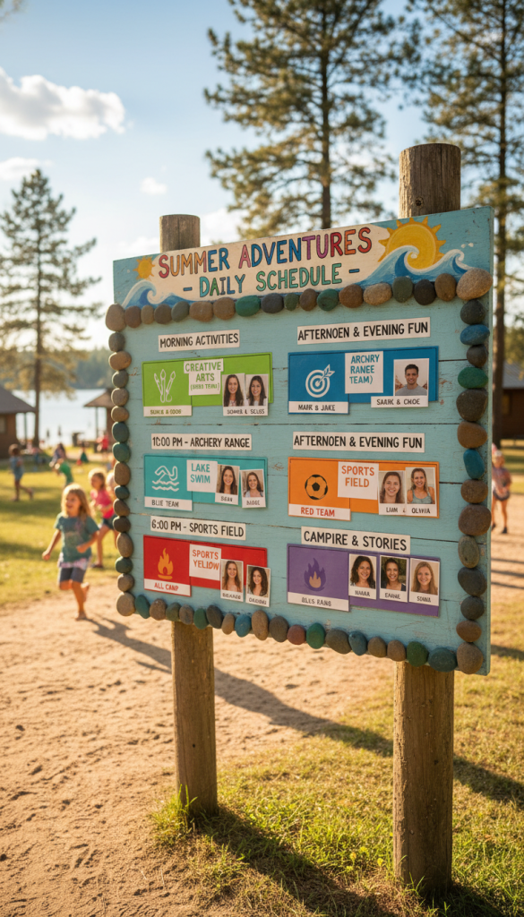 Daily schedule board showing camp activities and staff assignments