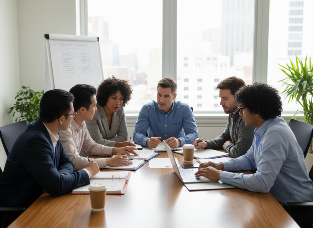 Diverse counseling professionals in team meeting discussing client care