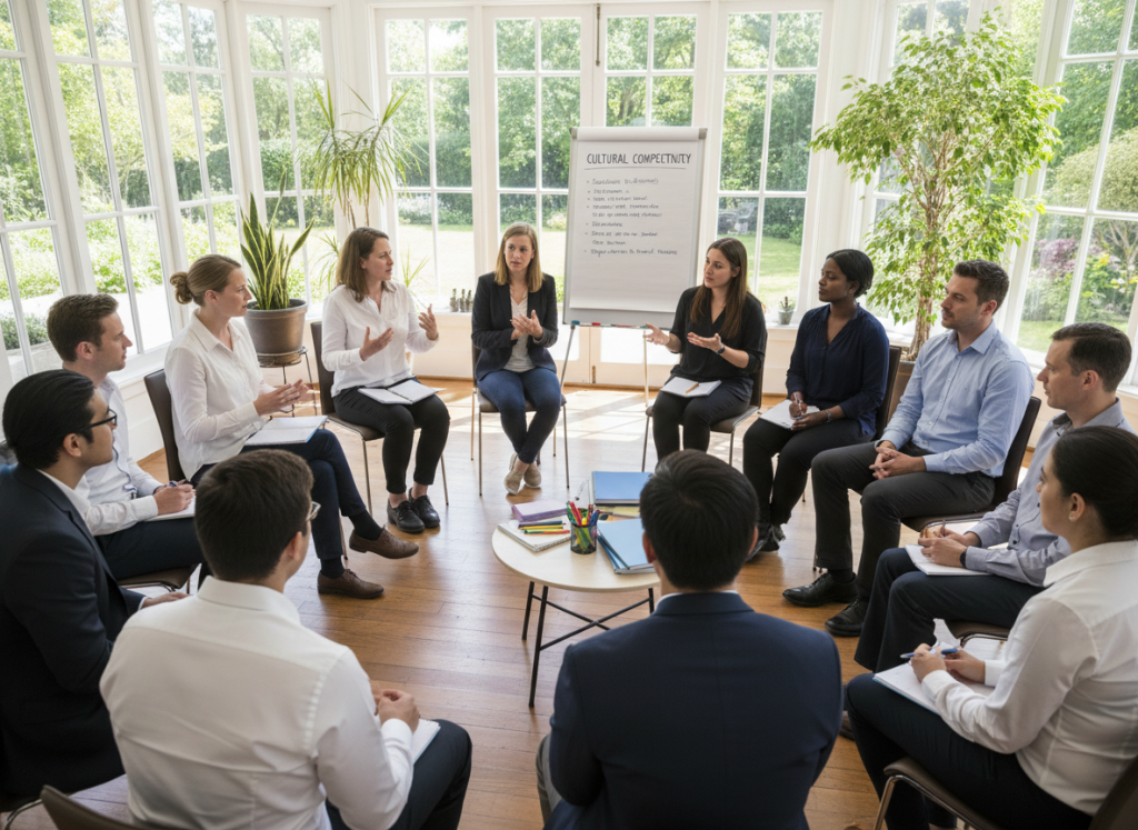 Diverse group of counselors participating in cultural competency training workshop