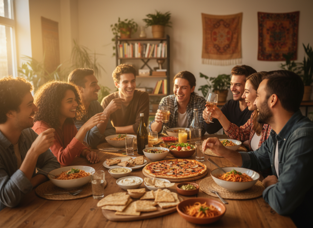 Diverse group of young people from different countries sharing a meal and laughing together