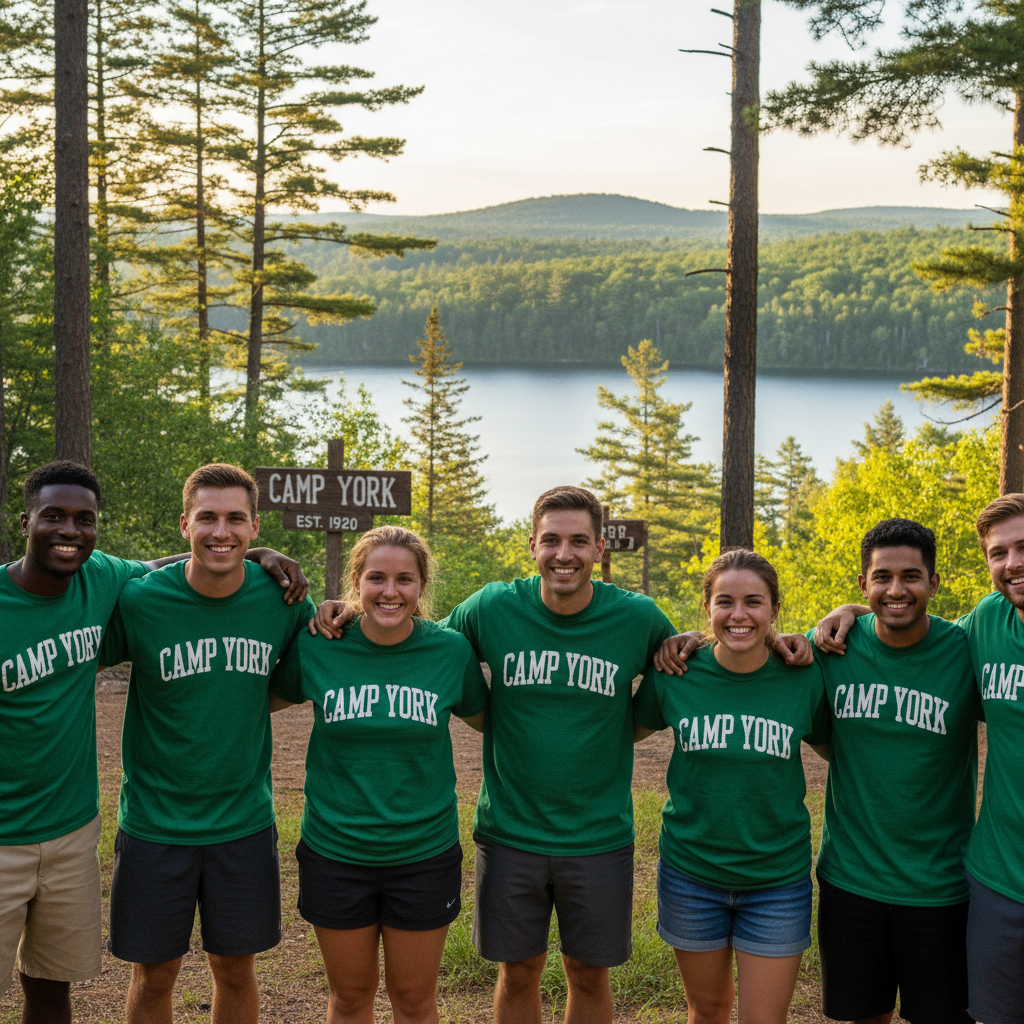Diverse team of camp counselors smiling together outdoors