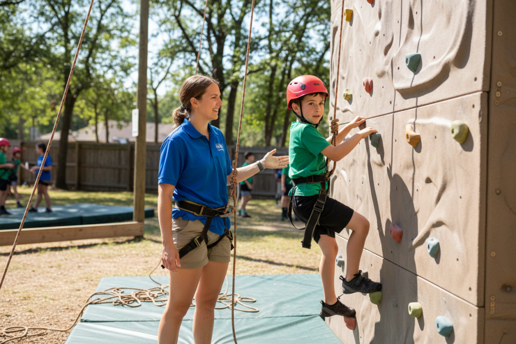 Enthusiastic camp counsellor encouraging hesitant camper during rock climbing