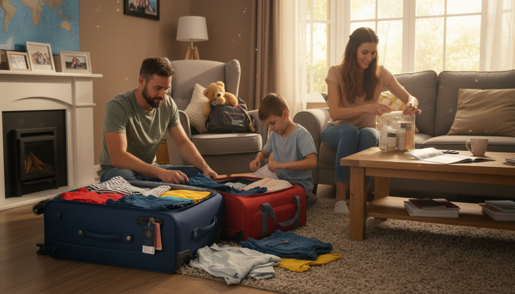 Family preparing luggage for international flight