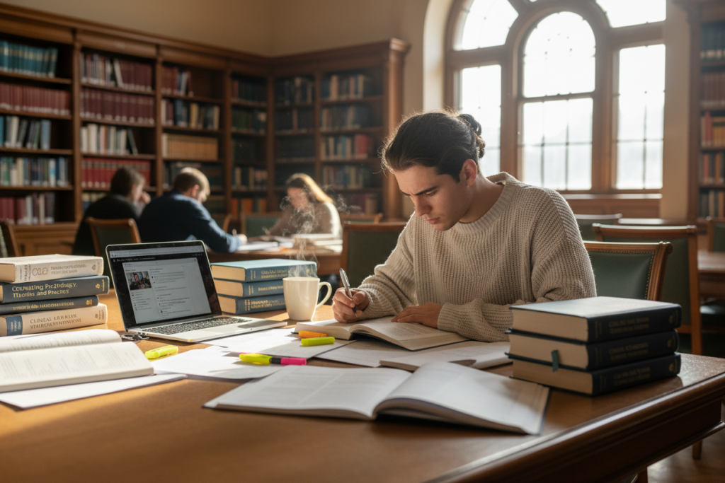Graduate student studying counseling textbooks and materials