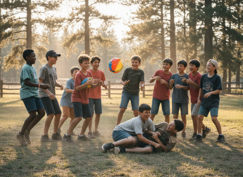 Group of boys at weight loss camp engaging in fun outdoor activities