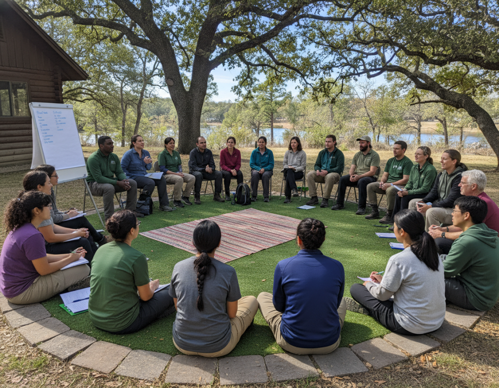 Group of camp counselors engaged in effective team communication during staff meeting