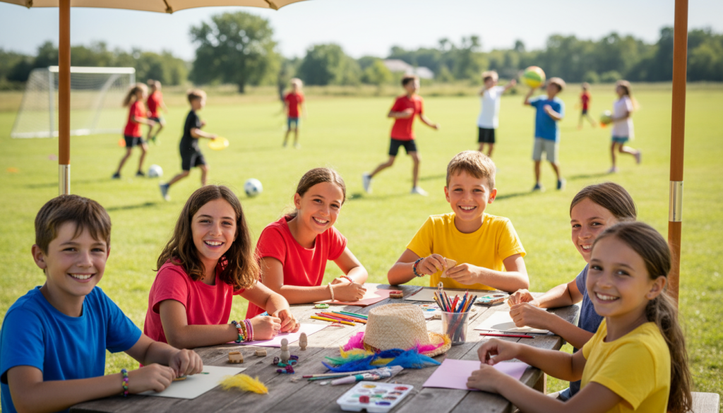 Group of children enjoying various camp activities outdoors at summer camp