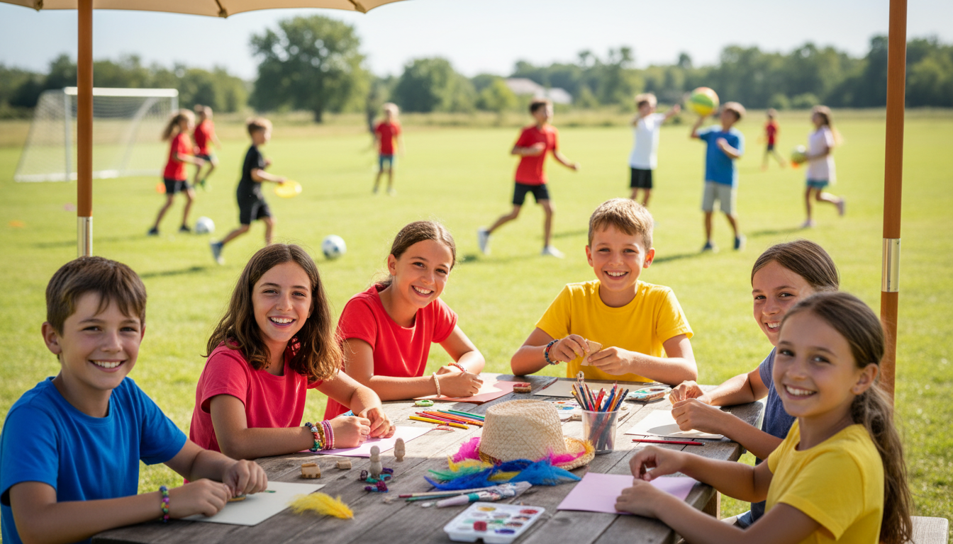 Group of children enjoying various camp activities outdoors at summer camp