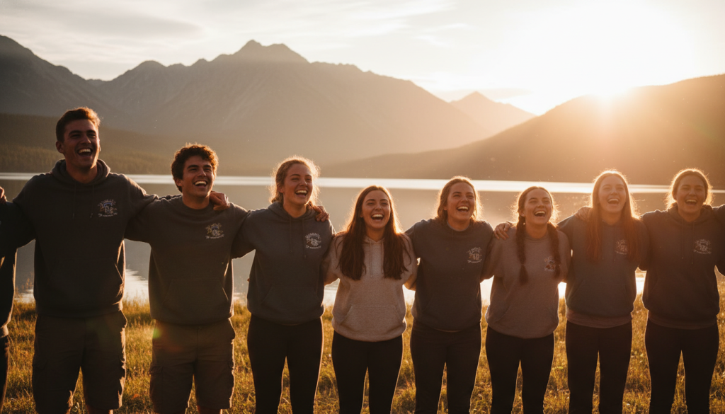 Group of diverse camp counsellors celebrating together at sunset
