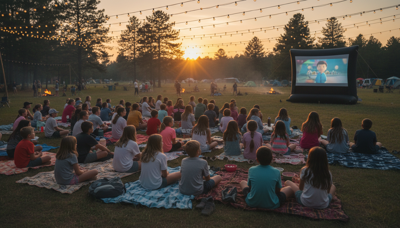 Group of kids watching outdoor movie at summer camp under the stars