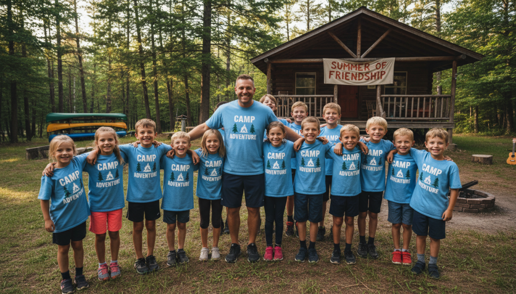 Happy camp counselor with group of smiling campers showing camp spirit and community