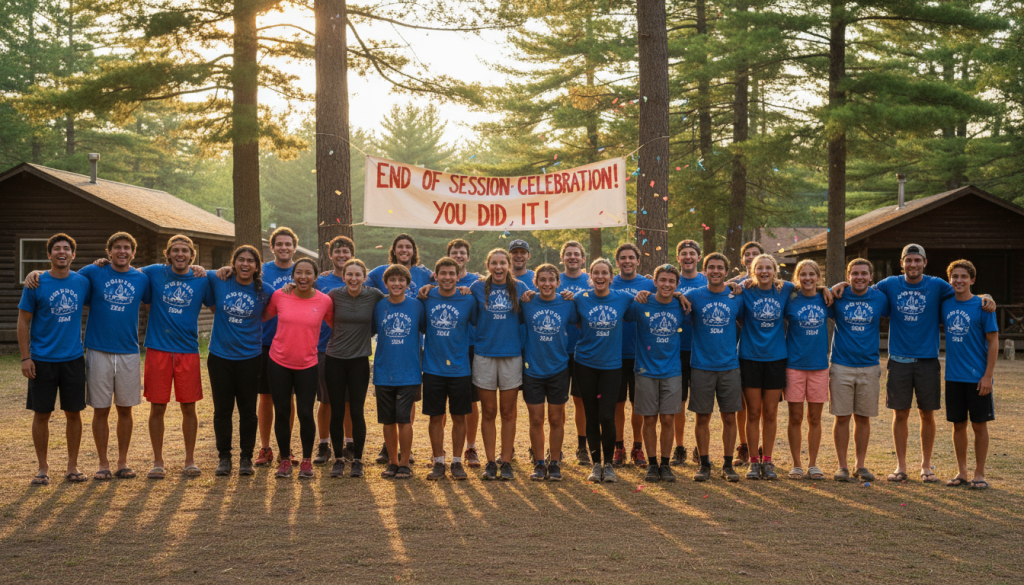 Happy camp counselors celebrating successful summer program with campers