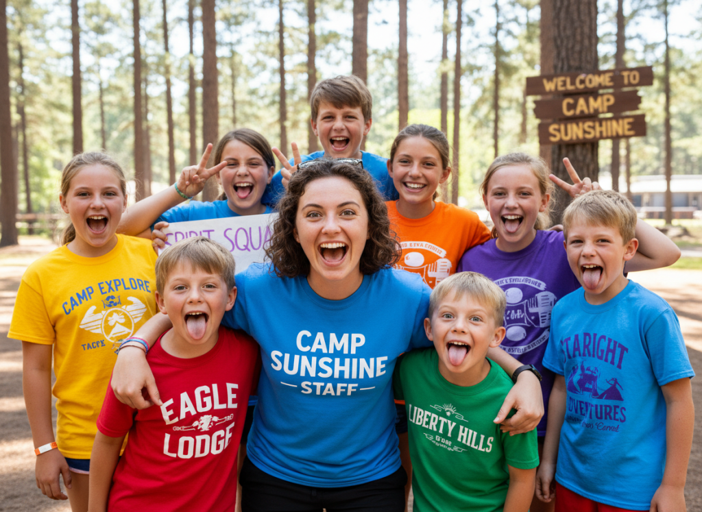 Happy camp staff member with campers showing camp spirit