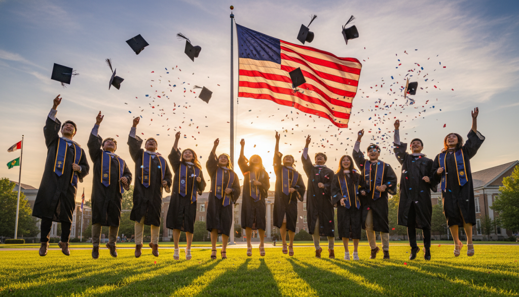 Happy exchange students celebrating together